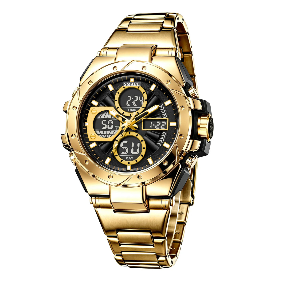 SMAEL 8160 Men’s Watch – Military-style sports model, analogue and digital, stainless steel – Water-resistant, with LED display, alarm, chronograph and stopwatch