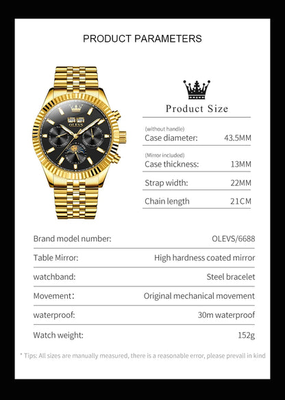 OLEVS 6688 Fashion Automatic Mechanical Men's Watch Moon Phase Dual Calendar Waterproof Luminous Luxury Business Watch for Man