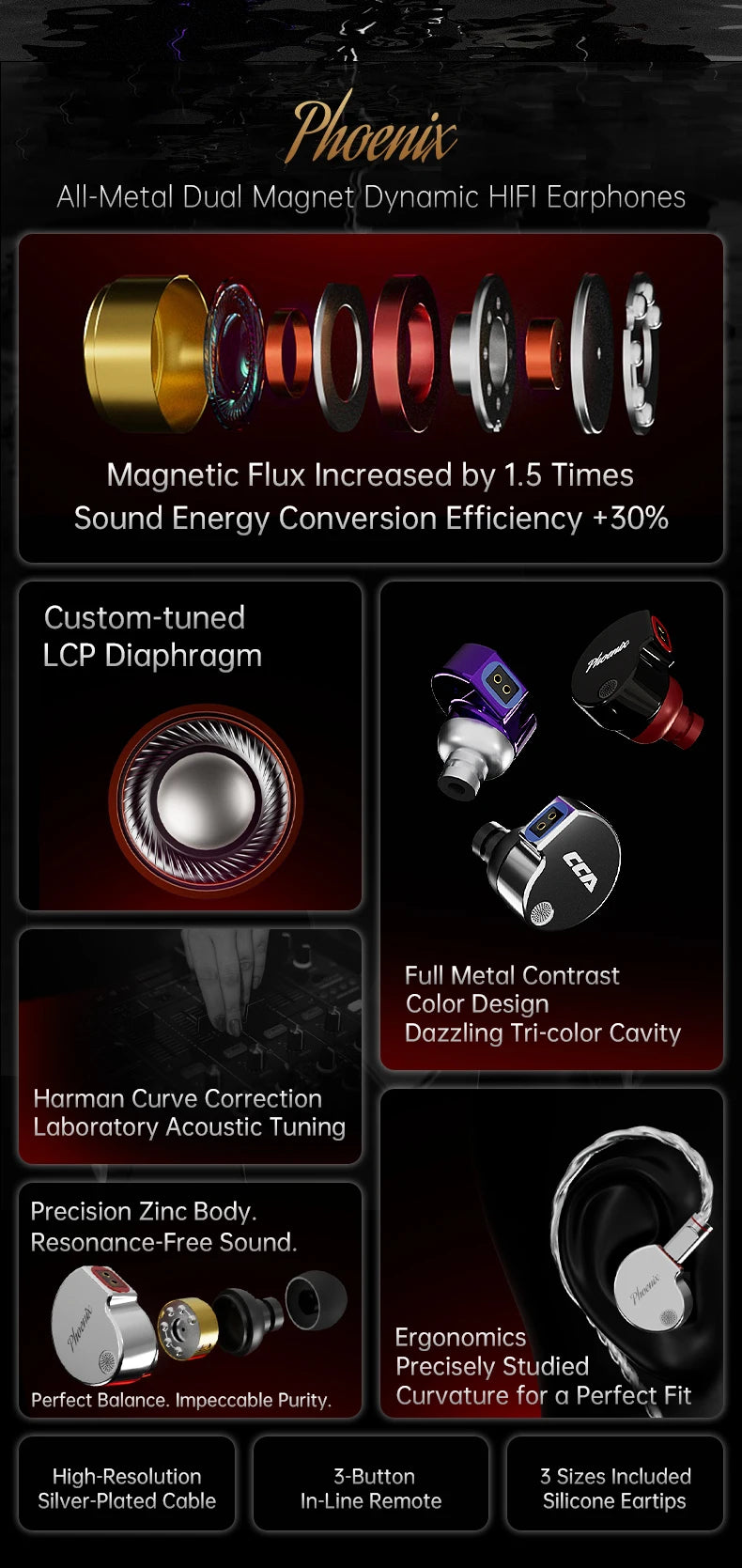CCA Phoenix Metal Alloy Body 10mm Dual Magnetic Dynamic Coil HIFI Sound Quality In Ear Wired Esports Music Earphones