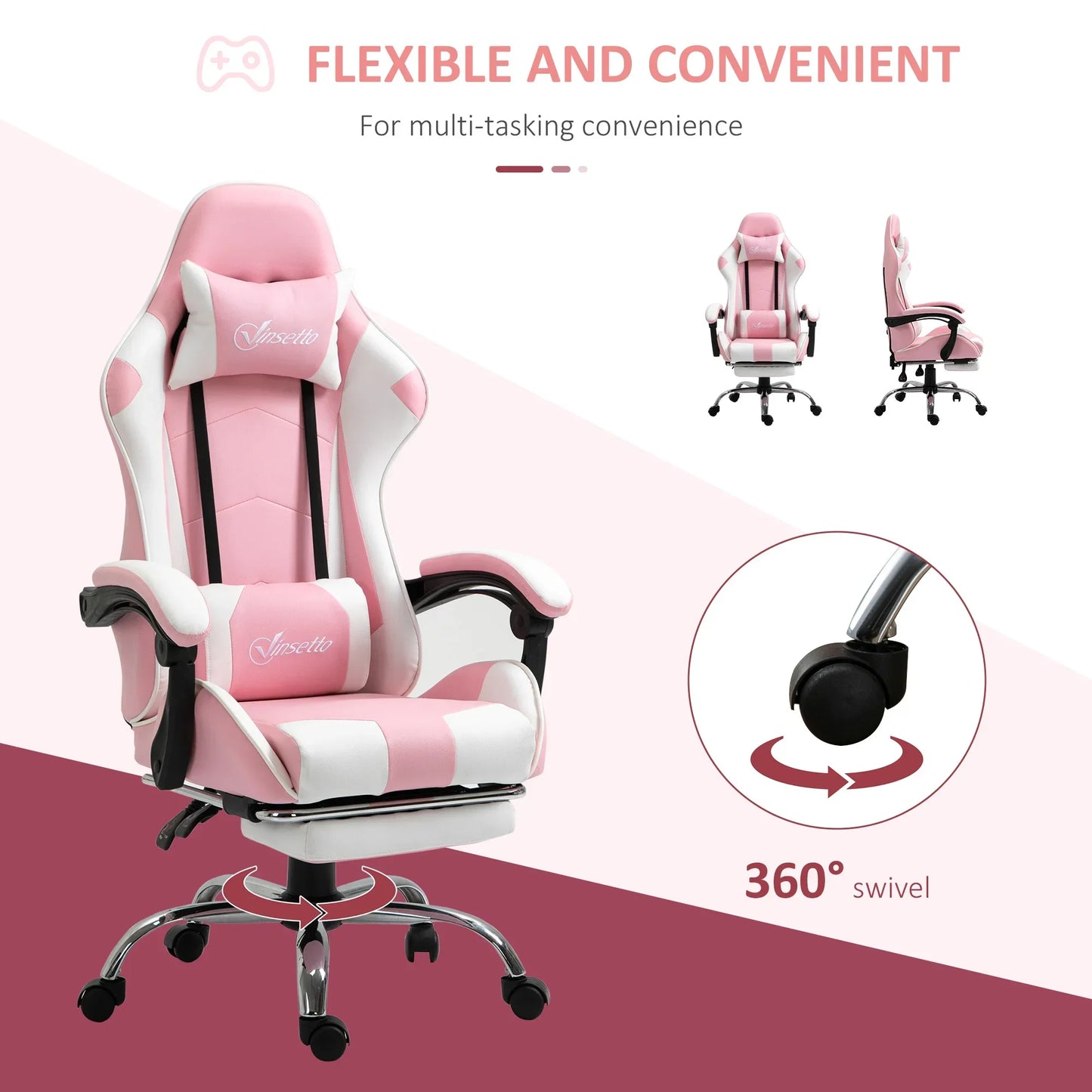 Pink White Gaming Chair Ergonomic Office Chair with Headrest, Lumbar Support, Adjustable Height, 360° Swivel Computer Chair