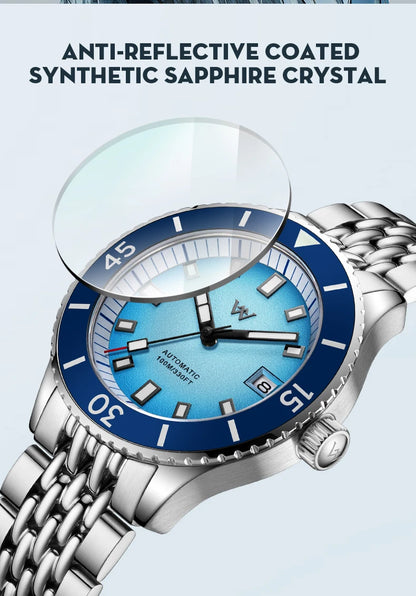 WM Watch Automatic Mechanical Diver Watches Men Sparkle Grain Gradient Dial Ceramic Bezel NH35 AR Coated Welly Merck Watch WM212
