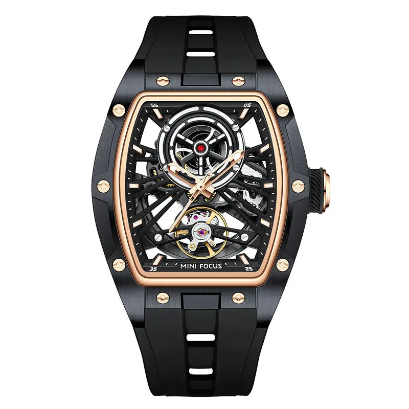 MINI FOCUS Orologio da polso da uomo fashion nero impermeabile, automatico meccanico, con lancette luminose, cinturino in silicone e quadrante tonneau