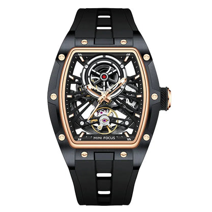 MINI FOCUS Orologio da polso da uomo fashion nero impermeabile, automatico meccanico, con lancette luminose, cinturino in silicone e quadrante tonneau
