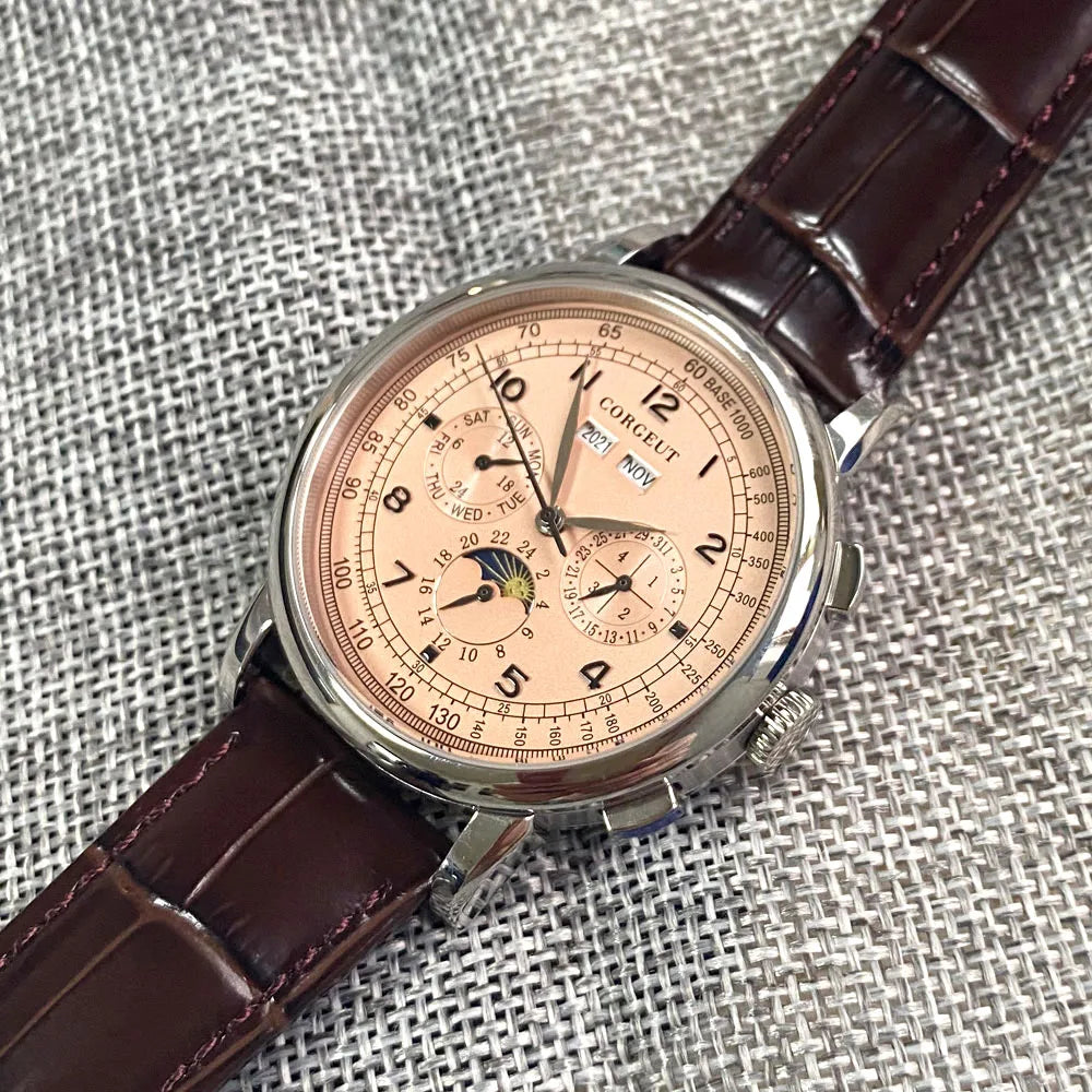 Automatic Watch for Men Multifunction Date Day Month Year 316L Mechanical Men's Watch Polished Case Day/Night Indicator 42mm