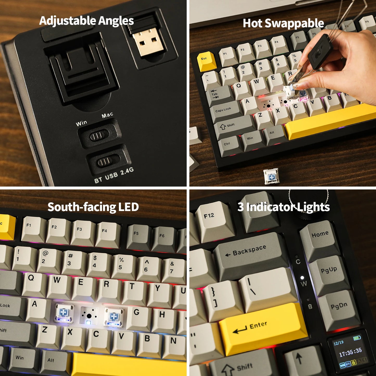 Teclado mecânico Ajazz AK820 Pro 75% com montagem gasket, Bluetooth 5.1/2.4G sem fios/com fios e ecrã TFT para Mac/Win