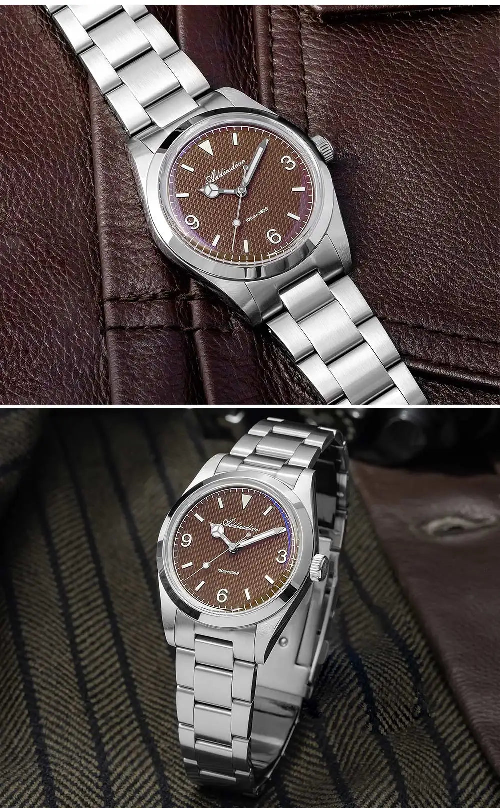 ADDIESDIVE New Men's Analog Watch Bubble Mirror Glass 100m Luminous Men's Quartz Watches with Stainless Steel Bracelet AD2096