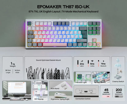 ISO-UK Layout EPOMAKER TH87 TKL Layout Wired/BT/2.4Ghz Wireless NKRO Mechanical Keyboard with 10000mAh Battery & RGB Light