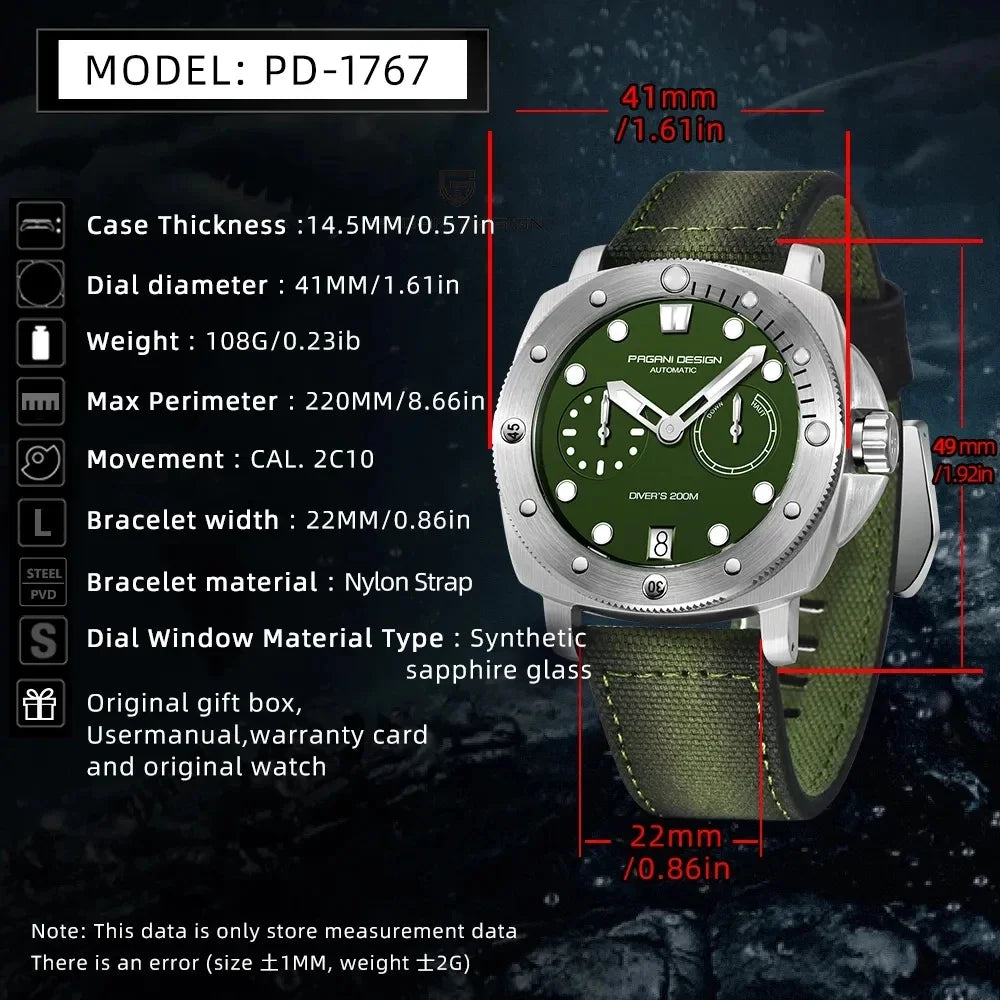 PAGANI DESIGN Men's Mechanical Watch Luxury Sapphire Glass Luminous Automatic Watch 200M Waterproof Stainless Steel Watch