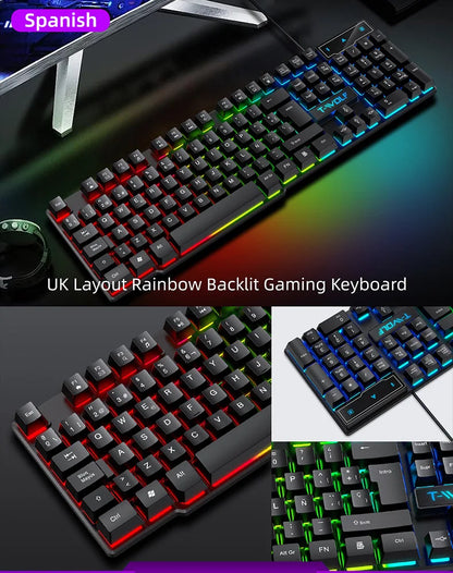 Mechanisches Gaming-Keyboard mit heller RGB-Hintergrundbeleuchtung, kabelgebundene USB-Tastatur für Büro und Zuhause, Medientasten, Russisch, Spanisch, Arabisch, Englisch