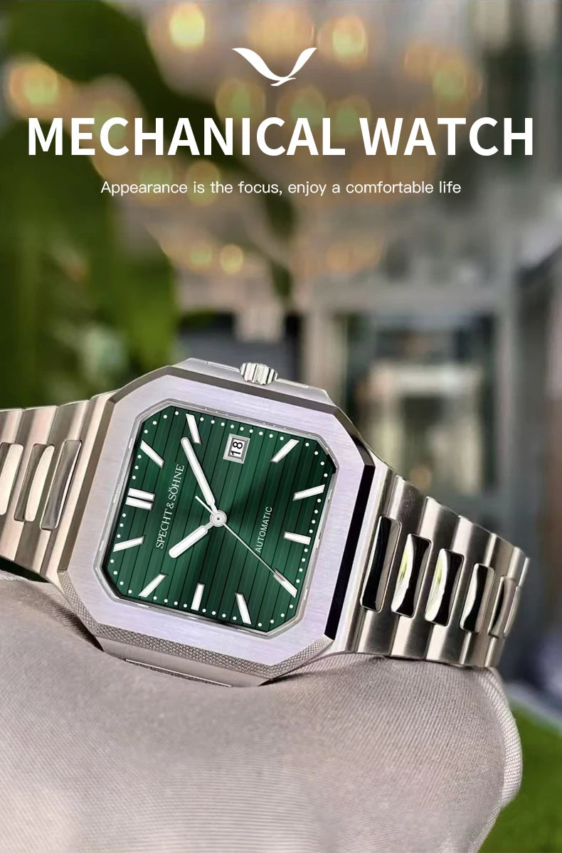 2025 Specht & Söhne Men's Classic Cubic Automatic Mechanical Watch 50M Waterproof Luminous Sapphire Crystal Reloj Hombre 41MM