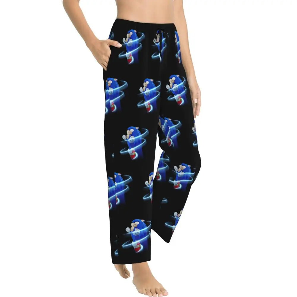 Custom Women Soniced Pajama Pants Printed Hedgehog Game Sleep Sleepwear Bottoms with Pockets