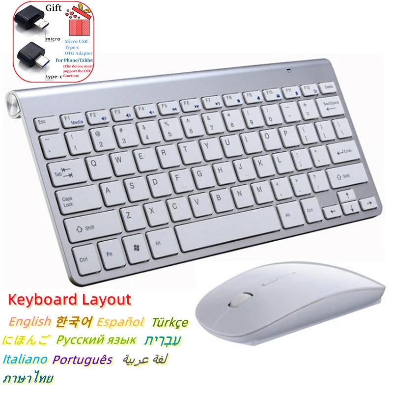 Combo tastiera e mouse wireless spagnolo ebraico coreano thailandese 2.4G, mini tastiera e mouse wireless portatili per Windows Mac Android