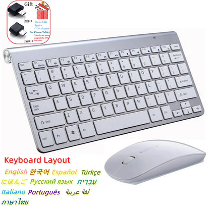 Combo tastiera e mouse wireless spagnolo ebraico coreano thailandese 2.4G, mini tastiera e mouse wireless portatili per Windows Mac Android