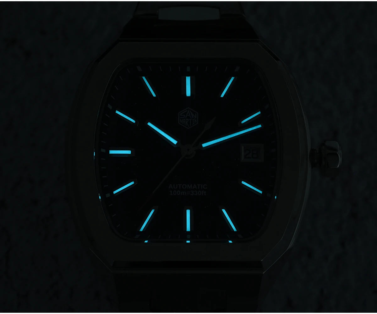 San Martin 39.5mm Tonneau Luxury Men Watch Mineral Dial Casual Sports PT5000 SW200 Automatic Mechanical Sapphire Luminous SN0145