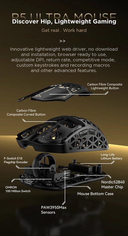 ATTACK SHARK R5 Ultra Carbon Fiber kabellose Gaming-Maus, PixArt PAW3950MAX Gaming-Sensor, 42000DPI, 8000Hz, MCU Nordic 52840