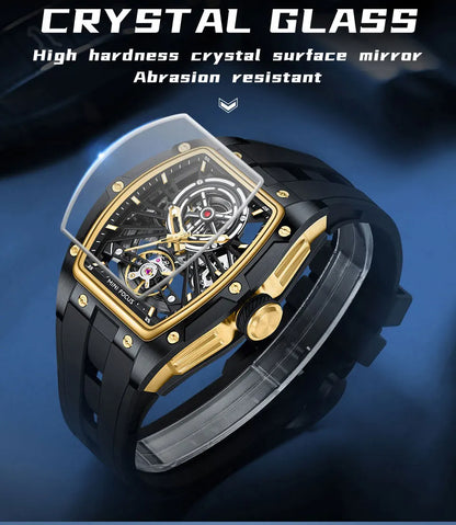 MINI FOCUS Orologio da polso da uomo fashion nero impermeabile, automatico meccanico, con lancette luminose, cinturino in silicone e quadrante tonneau