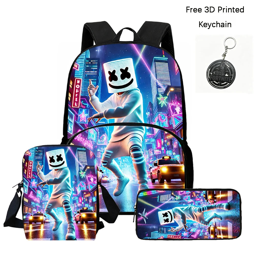 FORTNITE 3-teiliges Schulrucksack-Set, Umhängetasche mit Fronttasche und Federmäppchen, für Jungen und Mädchen von 5–10 Jahren, leicht, mit kostenlosem 3D-bedrucktem Schlüsselanhänger