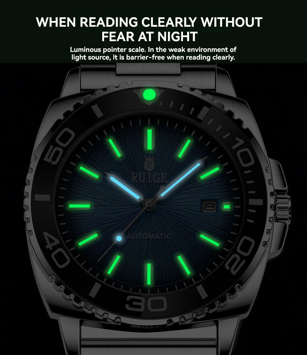 RUIGE Fashion Men's Fully Automatic Mechanical Watch Stainless Steel Calendar Men's Night Light Waterproof Versatile Watch