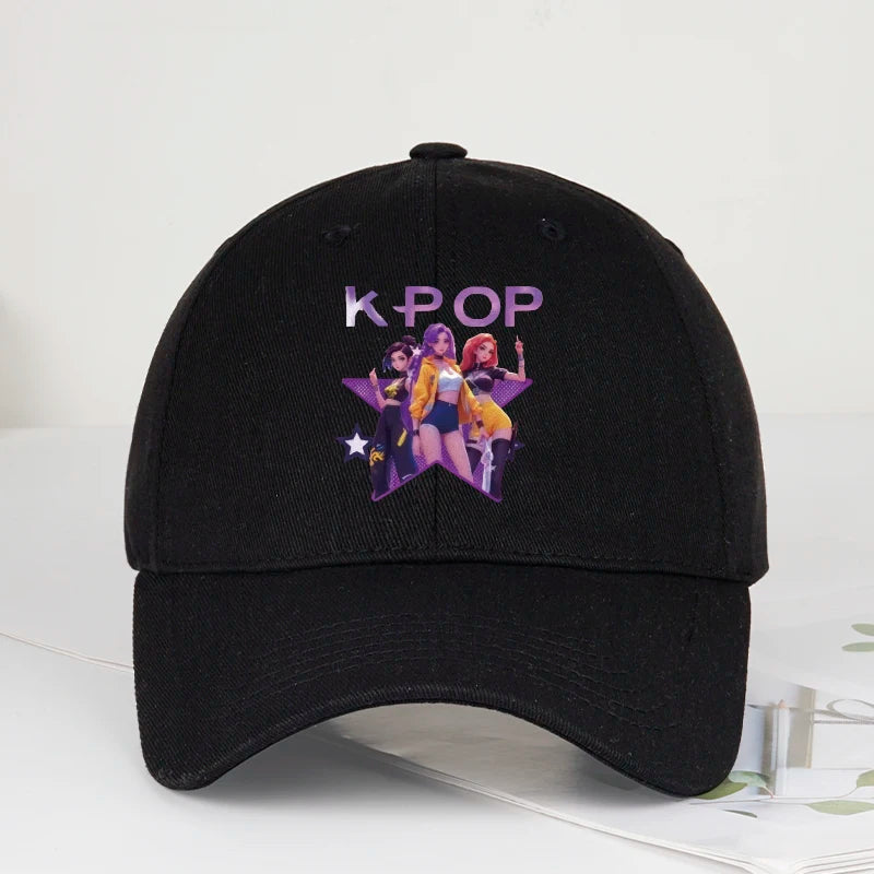 Boné de Baseball K-POP com Aba Curva Suave e Estampa de Grupo Feminino Cartoon - Unissexo, Casual, Retro e Ajustável - Chapéu de Sol Y2K