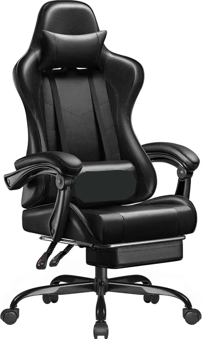 Ergonomic Gaming Chair with Lumbar Support Pillow, Adjustable Footrest, Reclining Computer Gaming Chair, PU Leather Office Gaming Chair with Adjustable Height