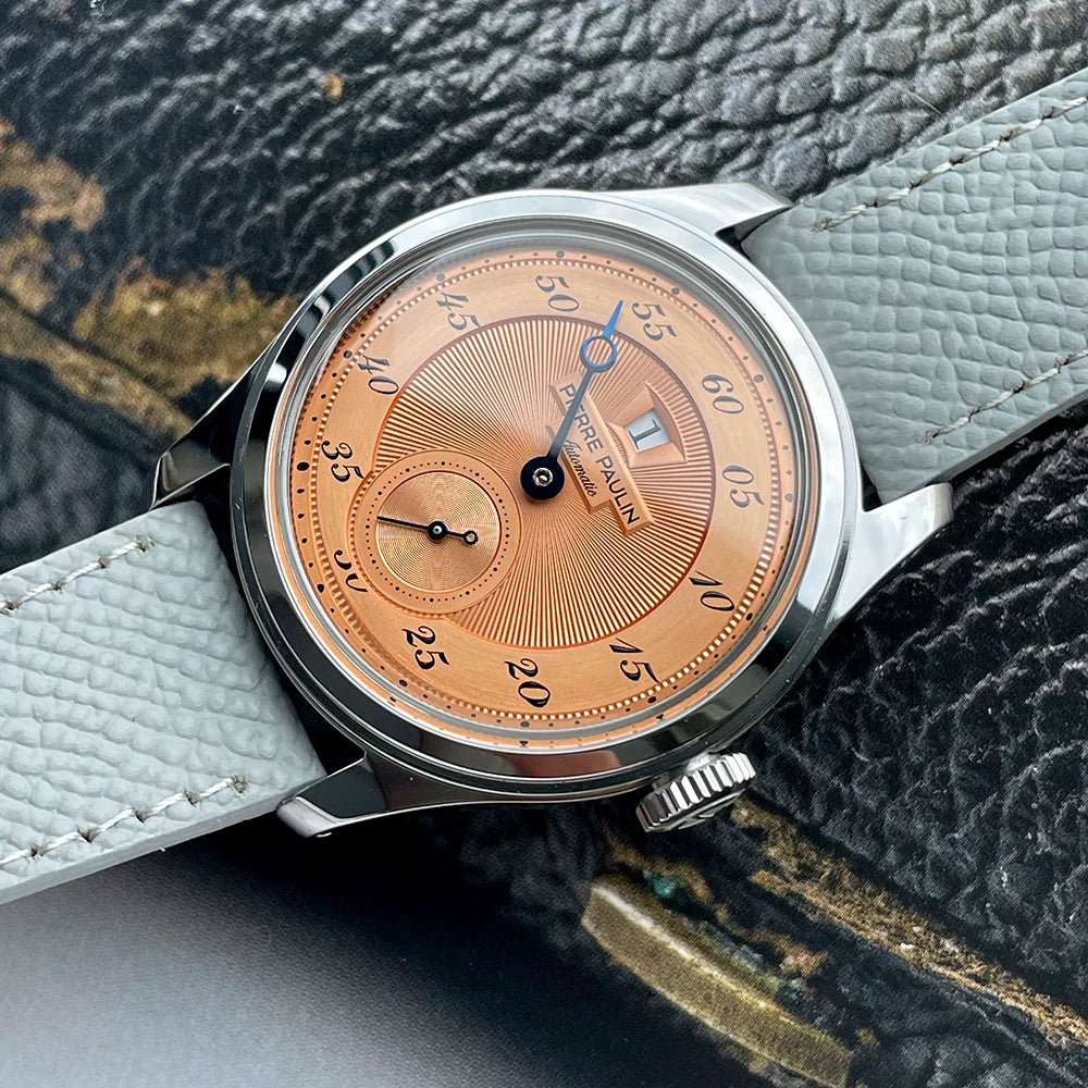 Spot goods NEW Pierre Paulin Jumping Hour Men Watch Salmon Dial Automatic St17 Mechanical Watch Vintage Date Window 38mm