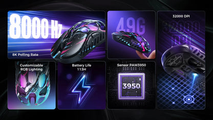 GravaStar Mercury X Pro Tri-Mode Wireless Gaming Mouse, 8K Receiver, Magnesium Alloy Lightweight, Long Battery Life, RGB Gaming