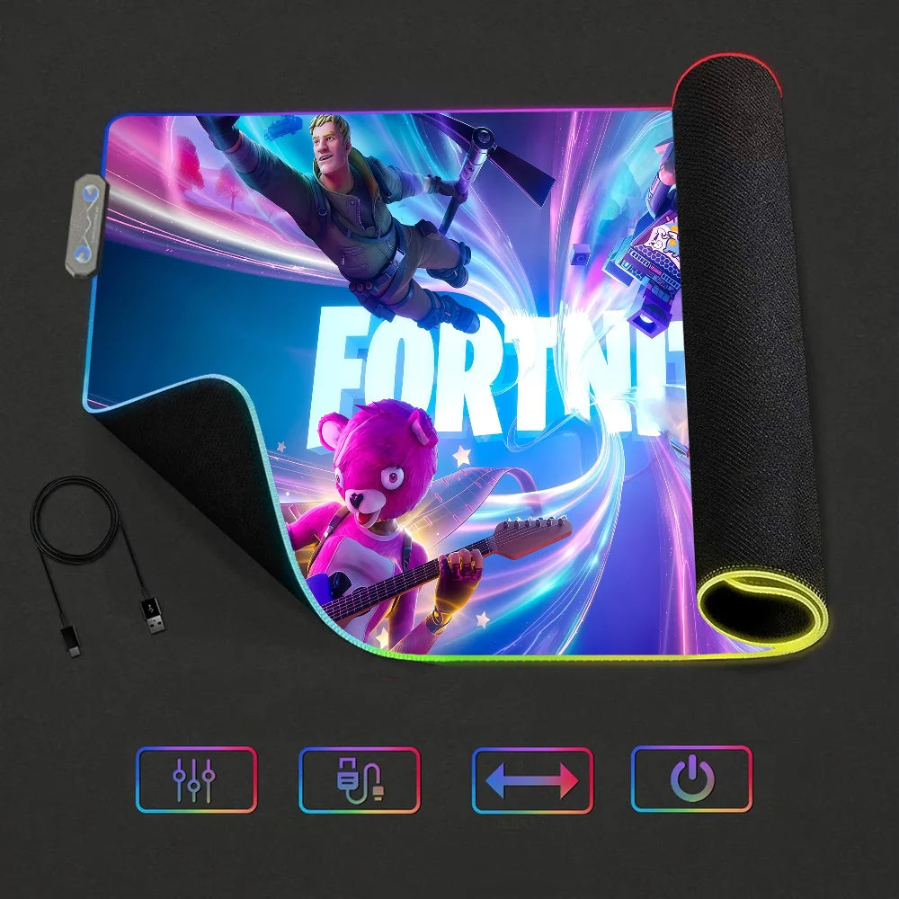Game F-Fortnite Survival Battle Mauspad mit RGB-LED-Beleuchtung, rutschfester Gummibasis, wasserdicht, für Büro, PC und Zuhause, große USB-Gaming-Schreibtischmatte