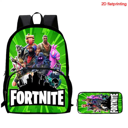 Fortnite Cartoon Backpack with Front Pocket & Pencil Case 2PCS - School Set for Boys Girls Age 5-8, Back to School Gift
