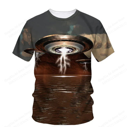 Summer UFO Alien 3d Print T-shirt Men Fashion Casual O-Neck Short Sleeve Tshirt Funny Mysterious Spaceship Tops Tees Men Clothes