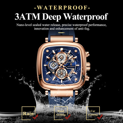 POEDAGAR Square Sport Man Wristwatch Date Waterproof Luminous Chronograph Watch For Men Silicone Strap Men's Quartz Watches Male