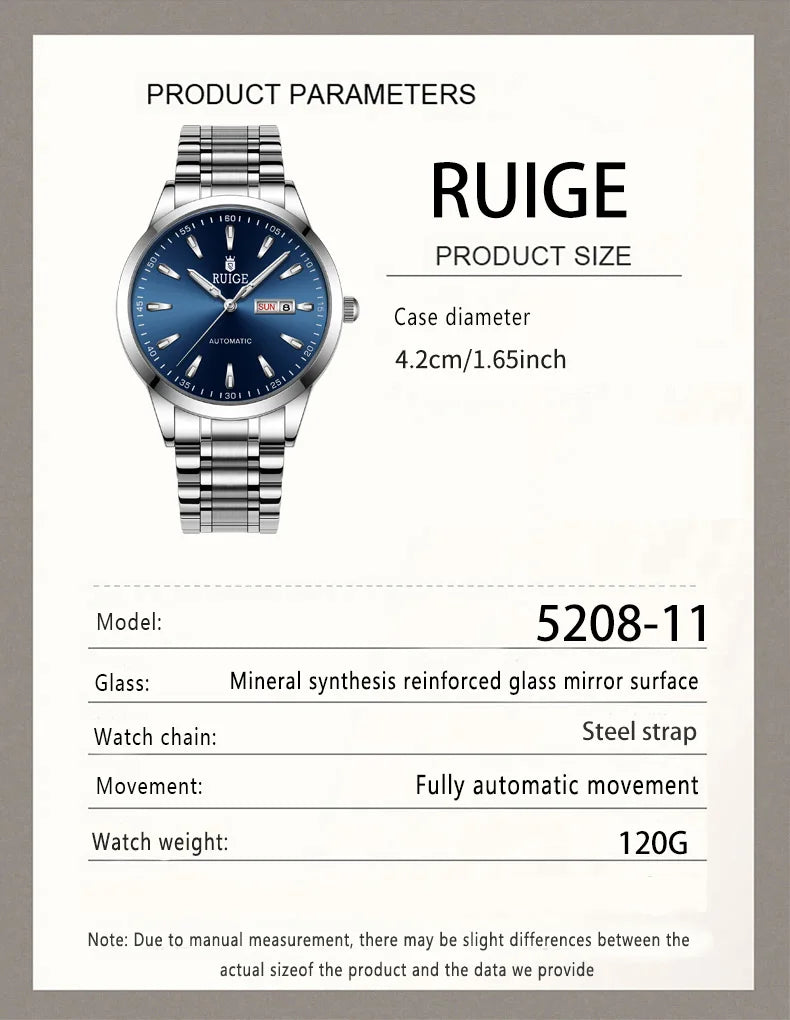 RUIGE Weekly Calendar Men's Fully Automatic Mechanical Watch Stainless Steel Business Men's Night Light Waterproof Versatile Wat