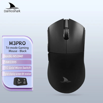 Mouse da gaming Darmoshark M3Pro 2.4G BT wireless tri-mode, sensore PAW3395, N52840, 26000DPI, mouse con driver macro per mani grandi per il gaming
