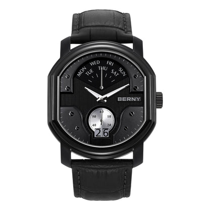 BERNY Tonneau Classic Men's Watch Quartz Luxury Top Watches Ronda 7004N Day Stainless Steel Sapphire Pendulum Dial Watch for Men