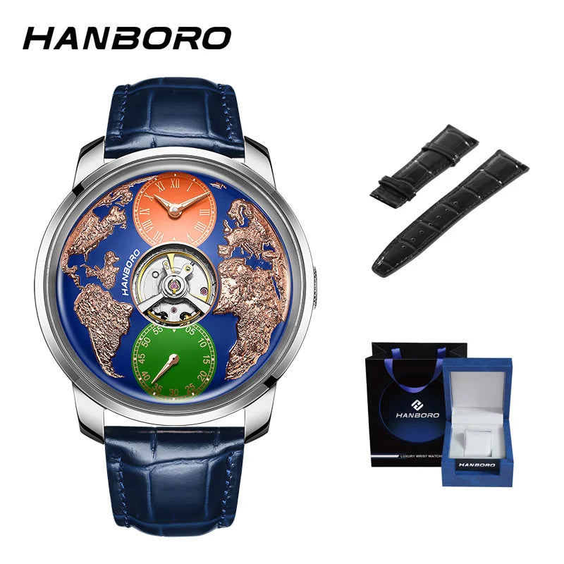 HANBORO World Time Series Men's Fully Automatic Mechanical Watch with Hollow Flywheel World Earth Personality Watch 1026