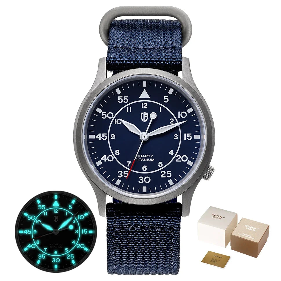 BERNY Titanium Men Quartz Watch AR Coating Sapphire Fashion Wristwatch Luminous VH31 Ultra-thin Wristwatch Waterproof 5ATM Watch