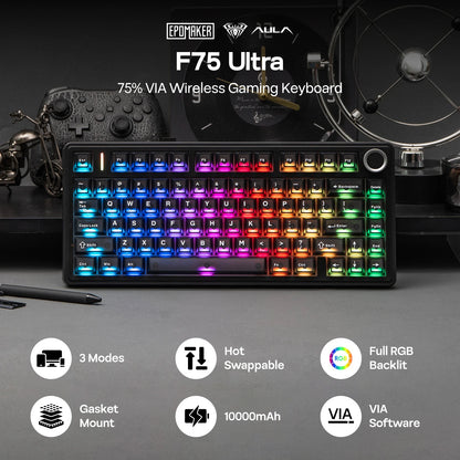 Tastiera meccanica EPOMAKER x AULA F75 Ultra VIA programmabile 75% layout ANSI US QWERTY, gasket, cablata/Bluetooth/wireless 2.4Ghz