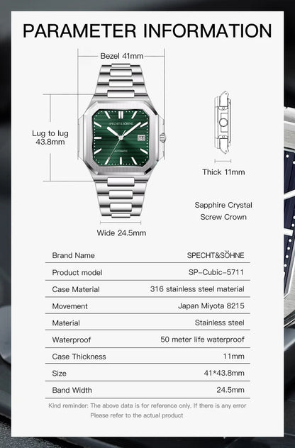 2025 Specht & Söhne Men's Classic Cubic Automatic Mechanical Watch 50M Waterproof Luminous Sapphire Crystal Reloj Hombre 41MM