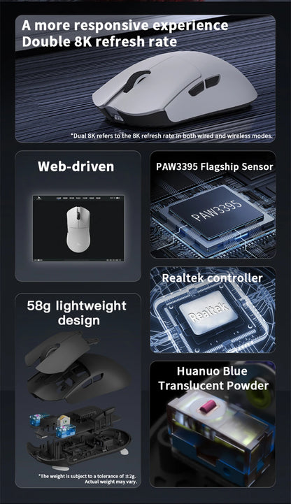 Mouse de gaming Darmoshark M3 V2 Double 8K, wireless, tri-mode, 26K DPI, senzor PAW3395, mouse macro pentru gaming, pentru mâini mari, computer, laptop și PC