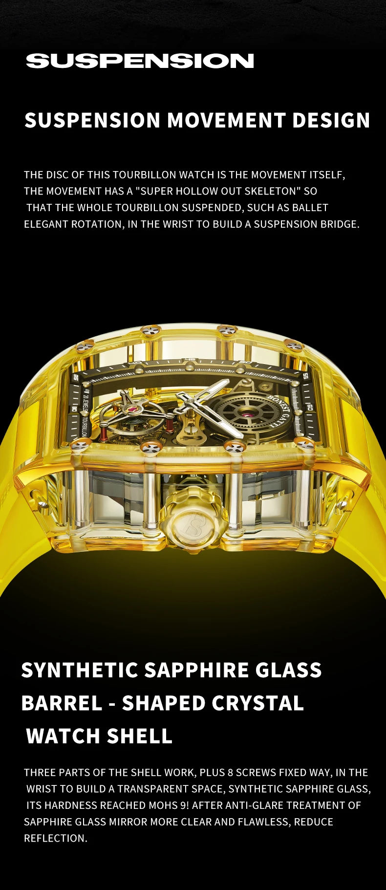 BONEST GATTI Luxury Men Automatic Tourbillon Watch Hollow Out Dial Crystal Case Sapphire Luminous Rubber Strap Wristwatch