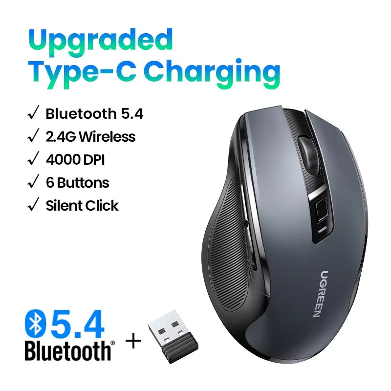 UGREEN Wireless Mouse Bluetooth 5.0 Mouse Ergonomic 4000DPI 6 Mute Buttons Mouse For MacBook Tablet Laptops Computer PC 2.4G Mice
