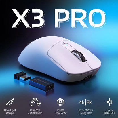 Mouse de gaming wireless Bluetooth Attack Shark X3Pro, PixArt PAW3395, 26000dpi, mouse optic, conexiune tri-mode, mouse de gaming cu macrocomenzi