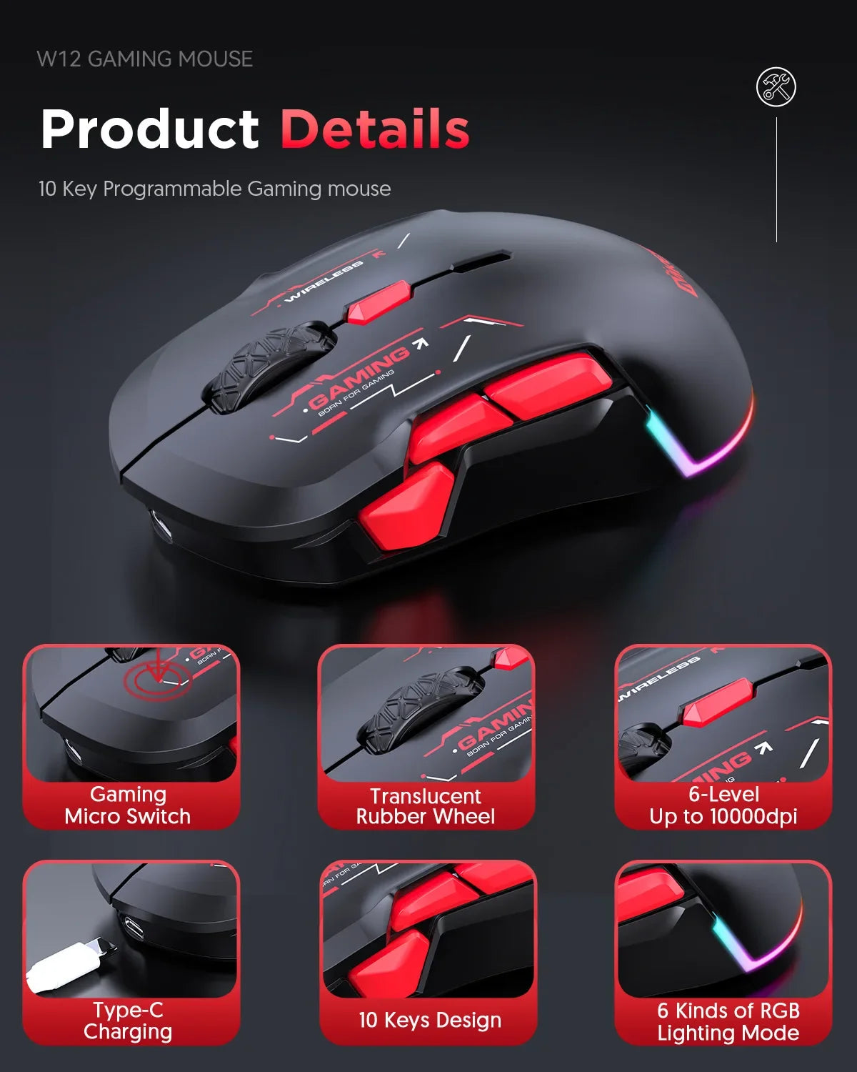 MKESPN W12 10-knappers makro-gamingmus til begge hænder, trådløs Bluetooth, multikanal, tri-mode, stor RGB, ergonomisk og ambidekstral
