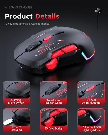 MKESPN W12 10-knappers makro-gamingmus til begge hænder, trådløs Bluetooth, multikanal, tri-mode, stor RGB, ergonomisk og ambidekstral