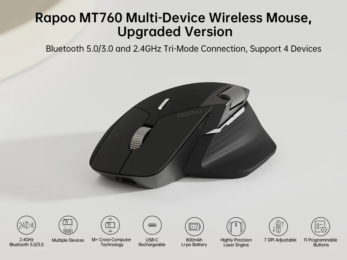 Mouse wireless ricaricabile multimodale Rapoo MT760L/MT760M ergonomico 4000 DPI, supporta fino a 4 dispositivi, mouse Bluetooth
