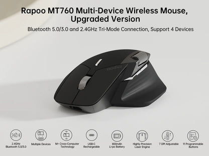 Mouse wireless ricaricabile multimodale Rapoo MT760L/MT760M ergonomico 4000 DPI, supporta fino a 4 dispositivi, mouse Bluetooth