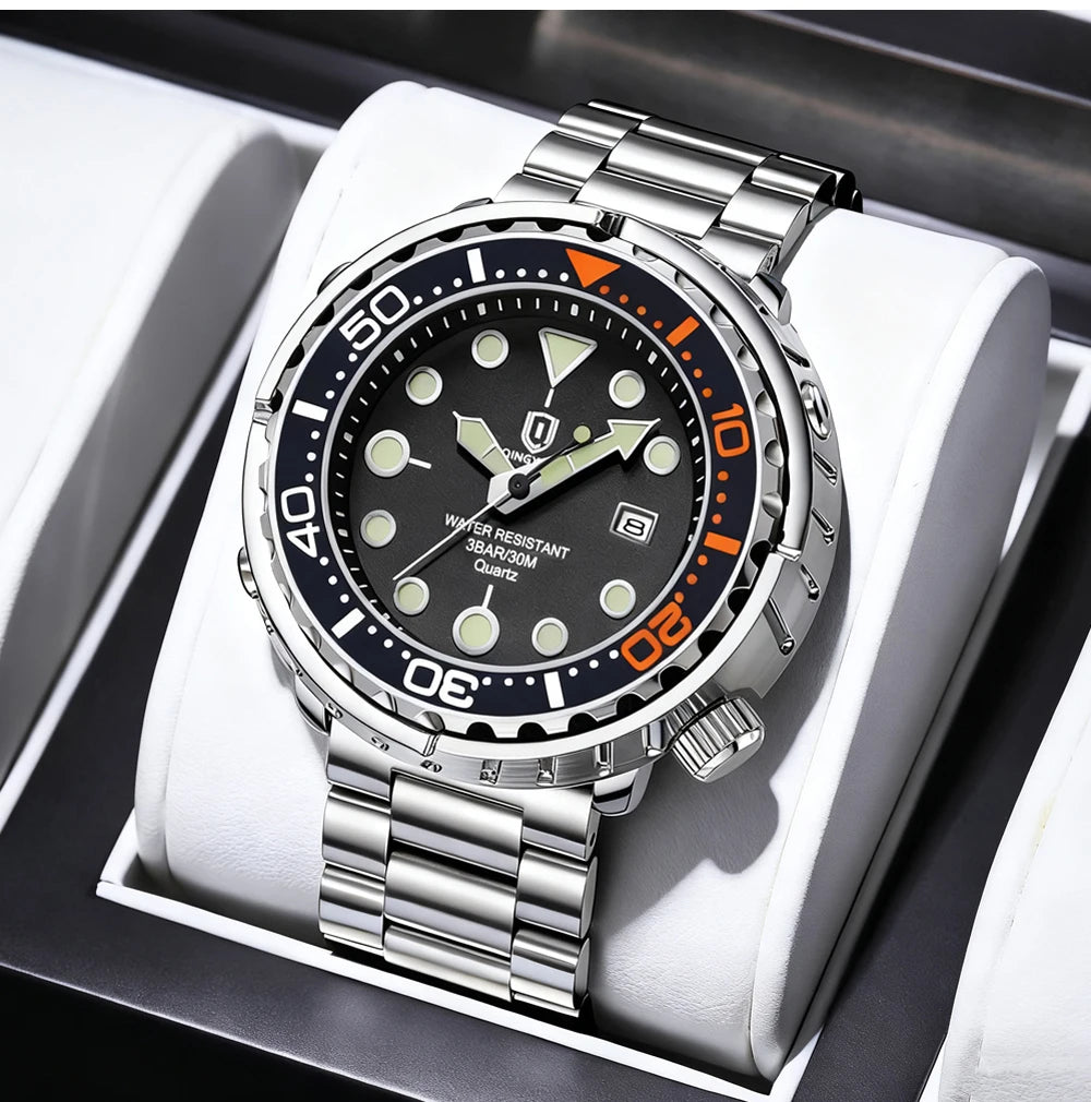 QINGXIYA Mens Watches Fashion Waterproof Luminous Date Rotating Dial High Quality Stainless Steel Luxury Brand Men Quartz Watch