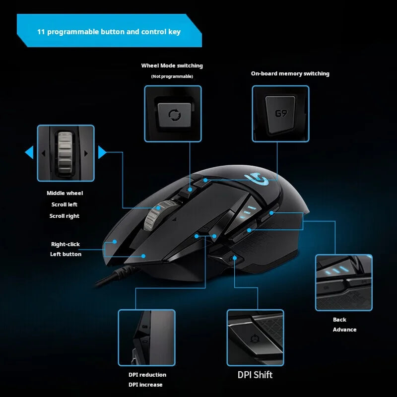 Rato gaming com cabo Logitech G502 HERO para e-sports, rato mecânico RGB com peso ajustável e macro programável para battle royale