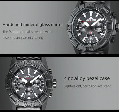 NORTH EDGE 2025 BLAZE Men's Watches Solar Power 316 stainless steel Case Quartz Watch For Men Pilot Waterproof 50M Stopwatch
