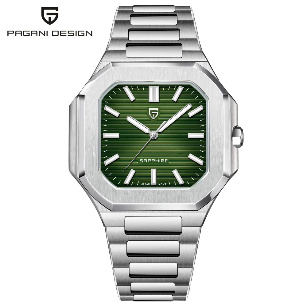 Nuovo orologio di lusso quadrato PAGANI DESIGN 2026 da uomo al quarzo, vetro zaffiro AR, movimento giapponese, luminoso, in acciaio 316L all steel