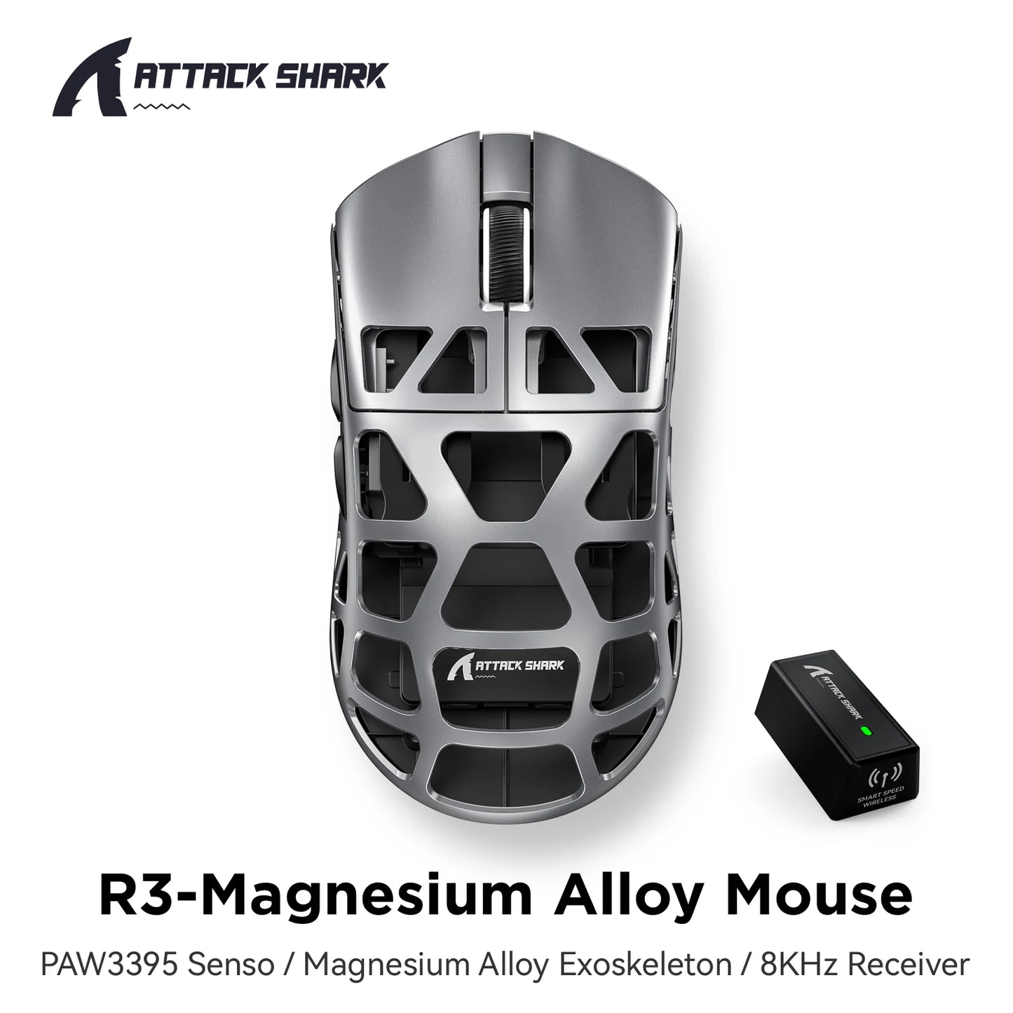 Mouse gaming ATTACK SHARK R3 din aliaj de magneziu cu design tip fagure, ultra-ușor, 8K Hz, senzor PAW3395, 26000 DPI, carcasă ergonomică